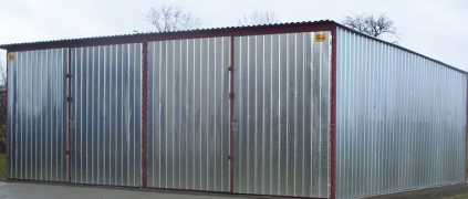 Sheet metal double garage with plinth roof in galvanized