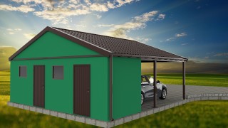 Assembled garage with a shelter and a saddle roof