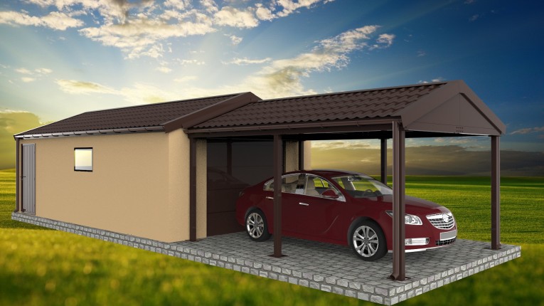 Assembled garage with front shelter