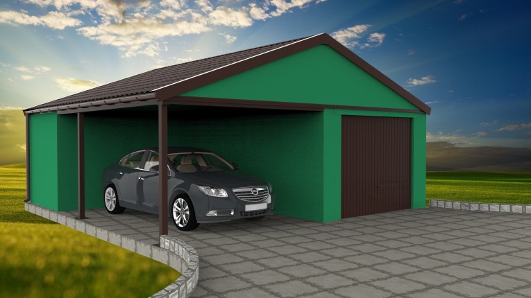 Assembled garage with a shelter and a saddle roof